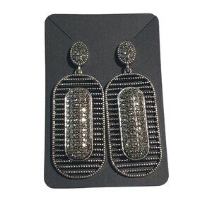 Rhinestone Oval Drop Statement Earrings Silver Tone Sparkling Bling Dangle 2.75"